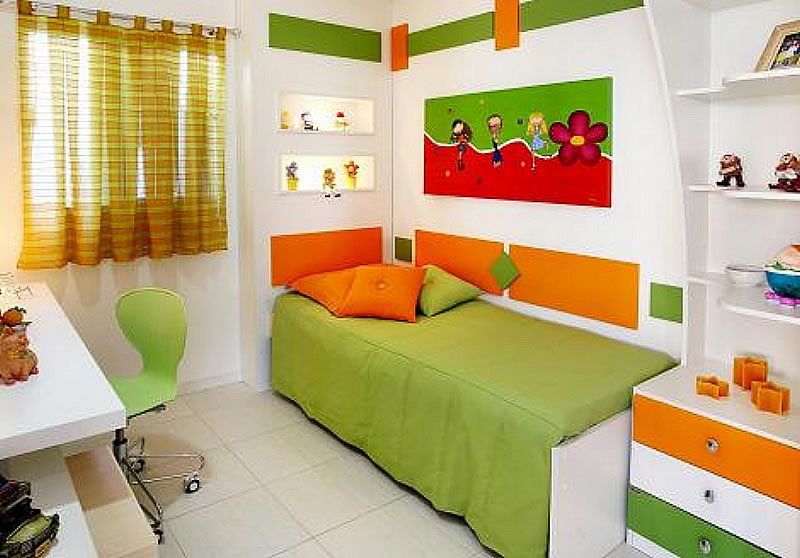 <span>Quarto de criança para apartamento pequeno - Verde, Branco e Laranja</span>
